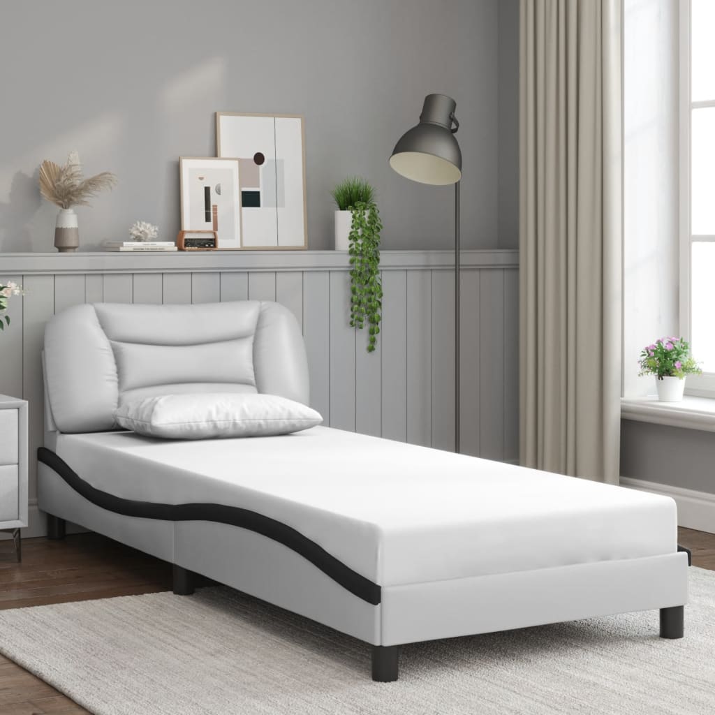 Vetonek Estructura cama cabecero cuero sintético blanco negro 90x200 cm