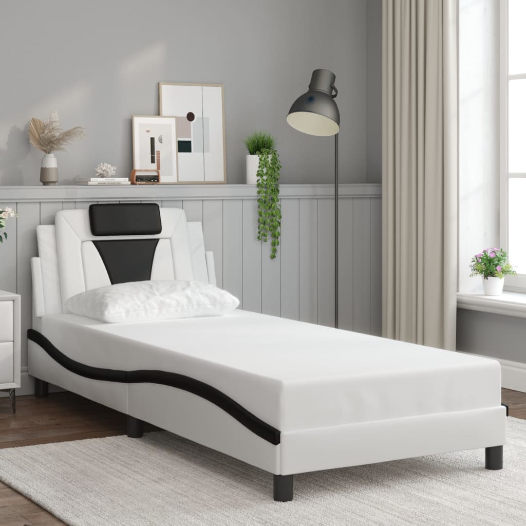 Vetonek Estructura cama cabecero cuero sintético blanco negro 90x200 cm