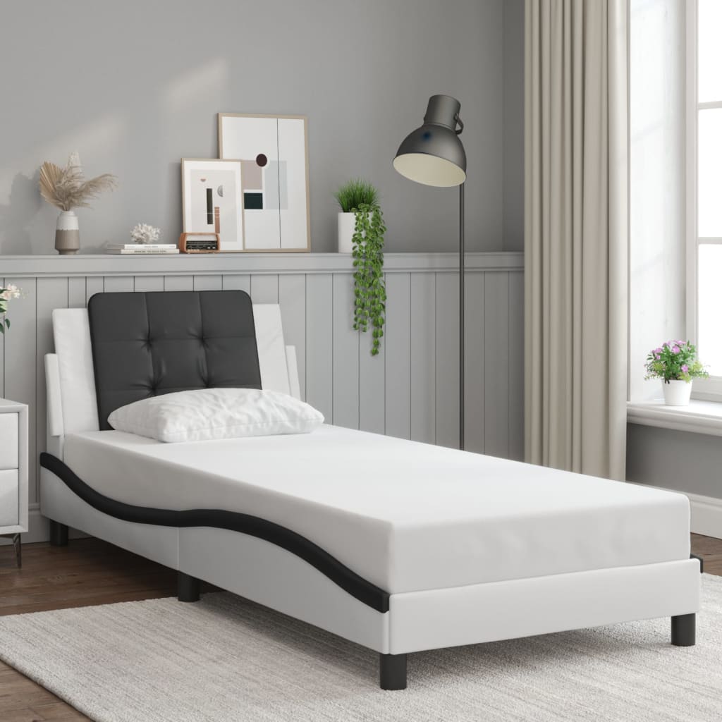 Vetonek Estructura cama cabecero cuero sintético blanco negro 90x200 cm