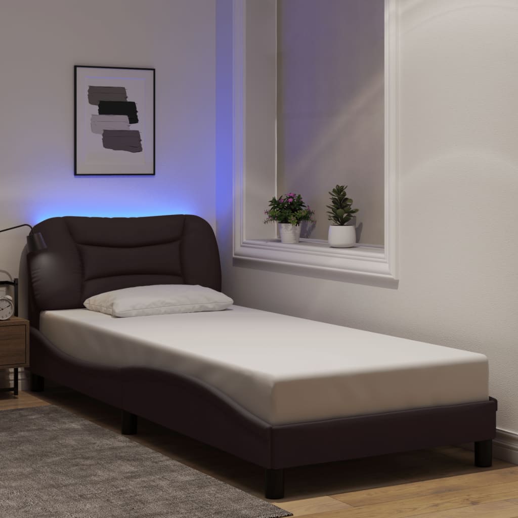 Vetonek Estructura de cama con luces LED tela marrón oscuro 90x190 cm