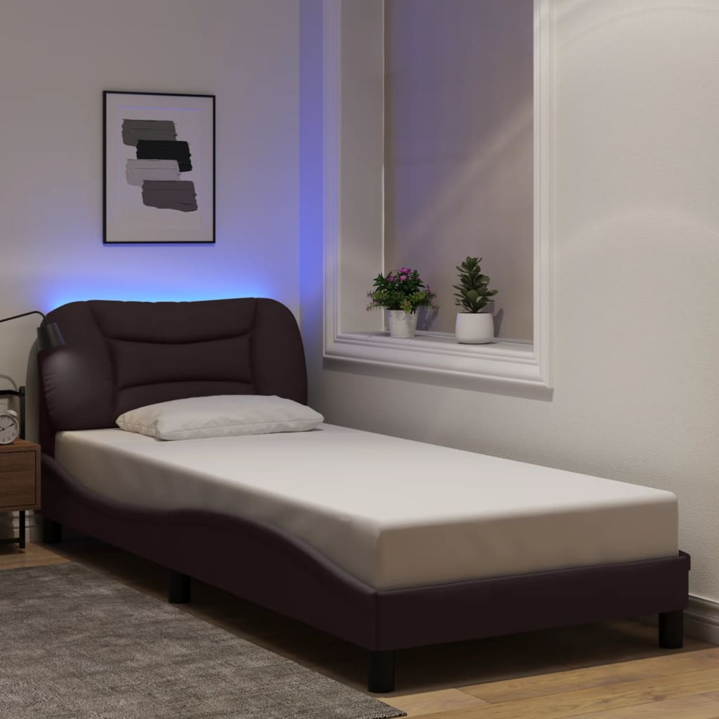 Vetonek Estructura de cama con luces LED tela marrón oscuro 90x200 cm