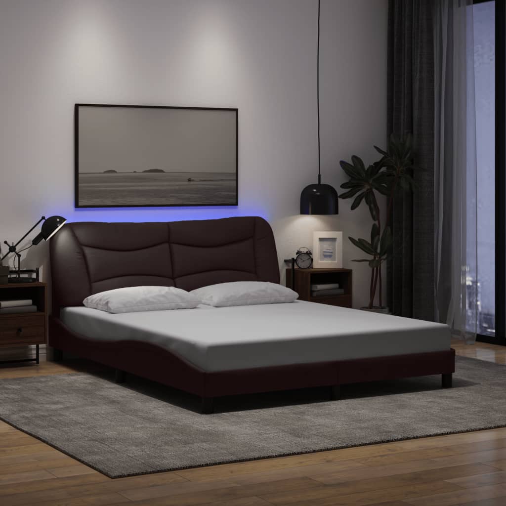 Vetonek Estructura de cama con luces LED tela marrón oscuro 160x200 cm