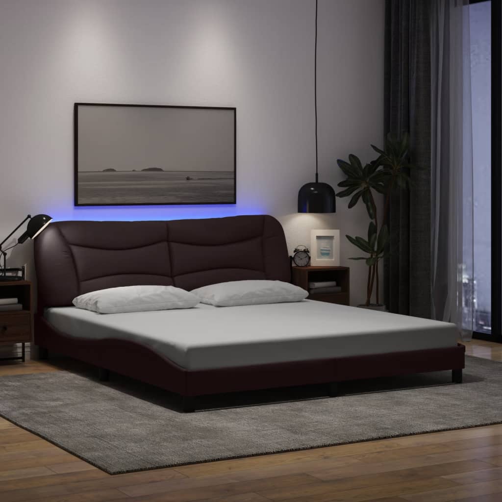 Vetonek Estructura de cama con luces LED tela marrón oscuro 180x200 cm