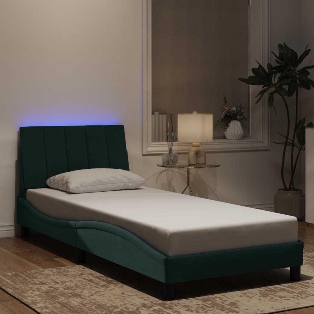 Vetonek Estructura cama con luces LED terciopelo verde oscuro 90x190 cm