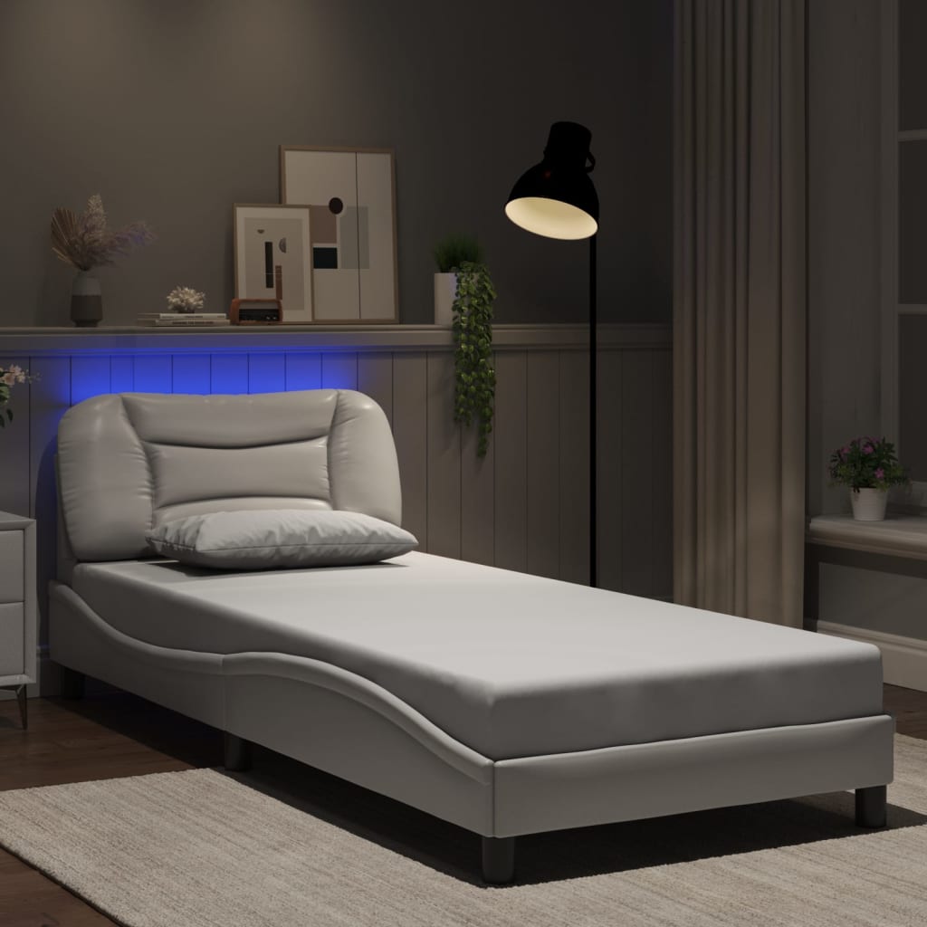 Vetonek Estructura cama con luces LED cuero sintético blanco 80x200 cm