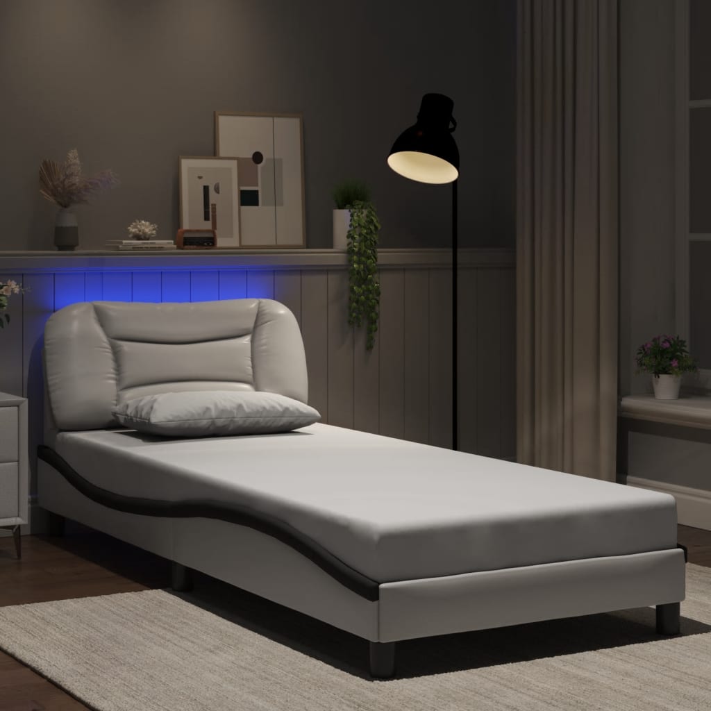 Vetonek Estructura cama con LED cuero sintético blanco negro 80x200 cm