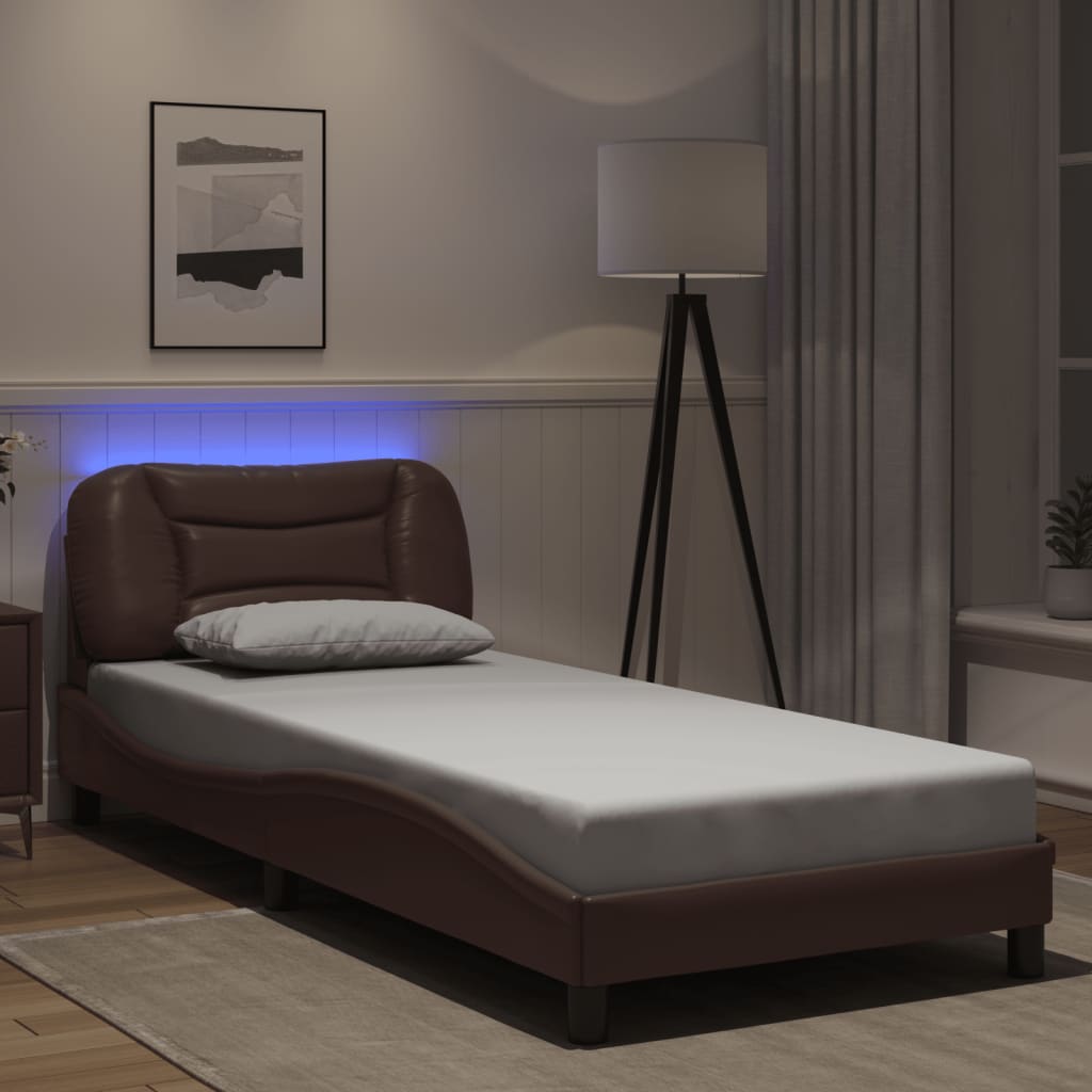 Vetonek Estructura cama con luces LED cuero sintético marrón 90x200 cm