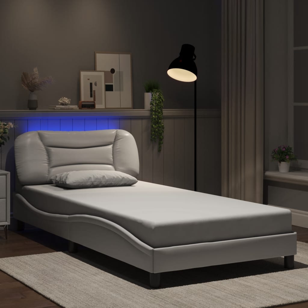 Vetonek Estructura cama con luces LED cuero sintético blanco 100x200 cm