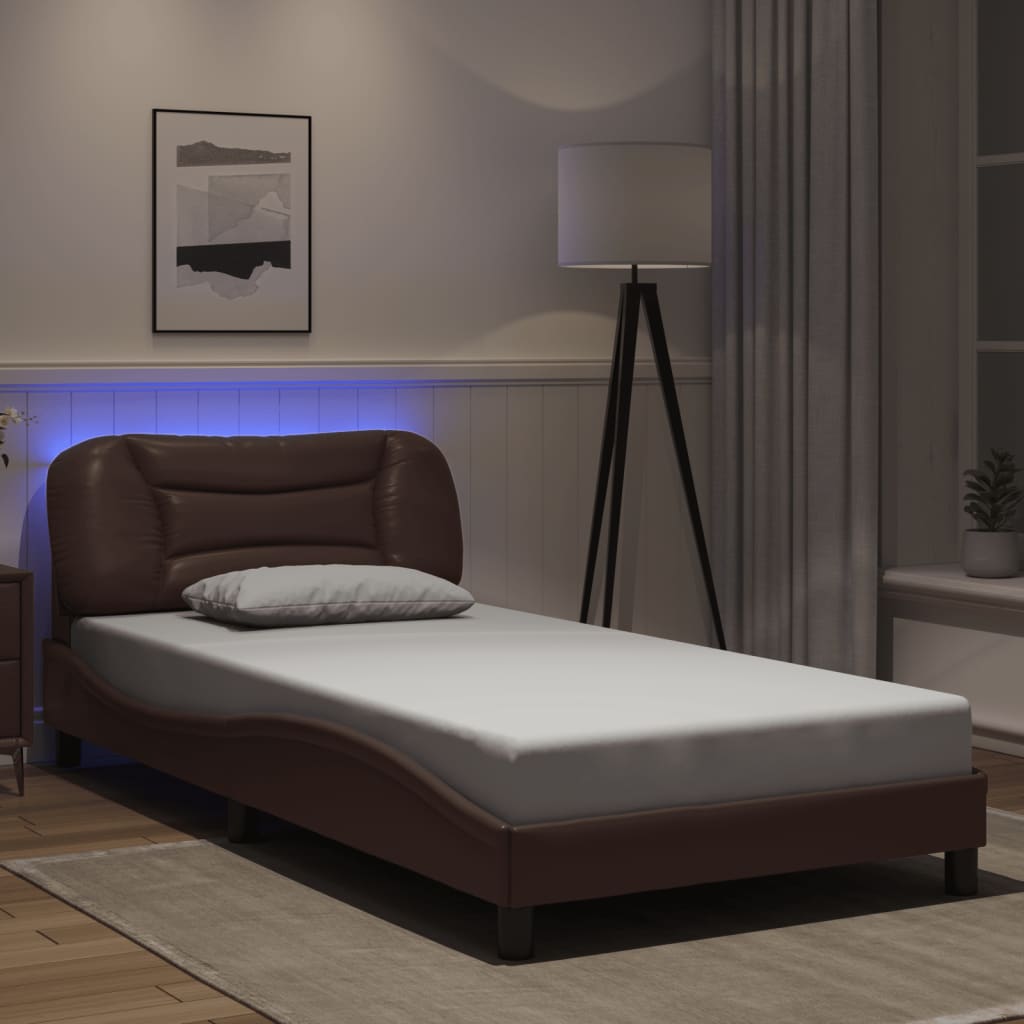 Vetonek Estructura cama con luces LED cuero sintético marrón 100x200 cm