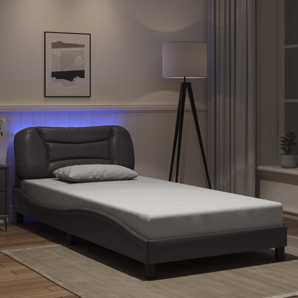 Vetonek Estructura cama con luces LED cuero sintético gris 100x200 cm