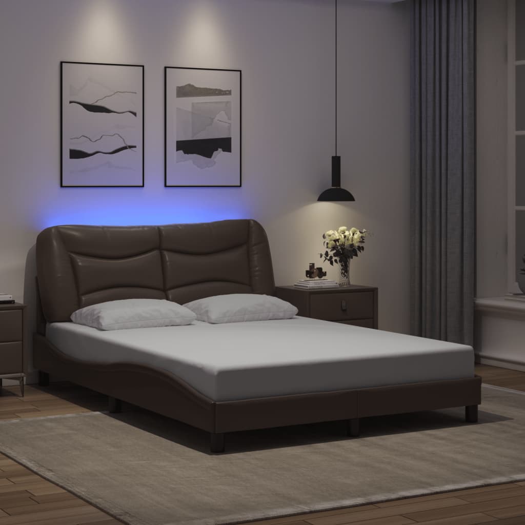 Vetonek Estructura cama con luces LED cuero sintético marrón 120x200 cm