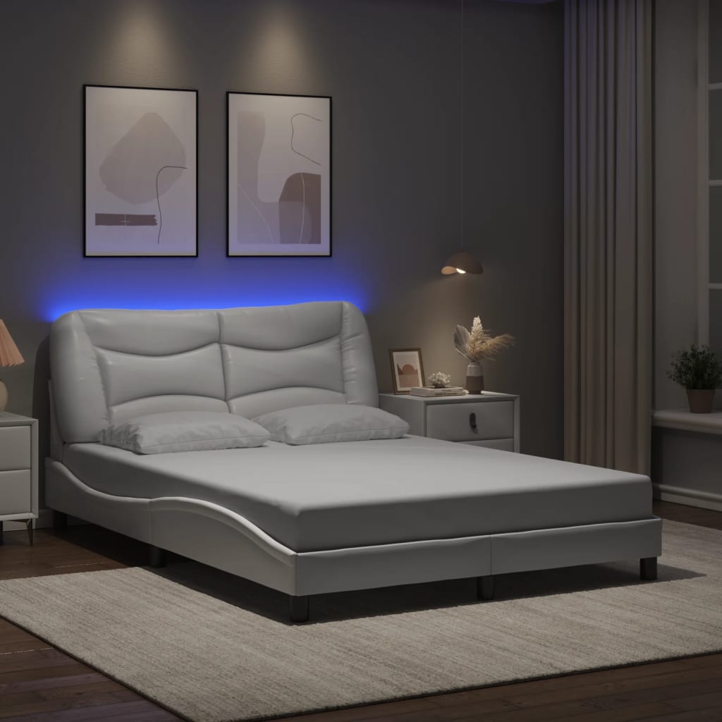 Vetonek Estructura cama con luces LED cuero sintético blanco 140x190 cm