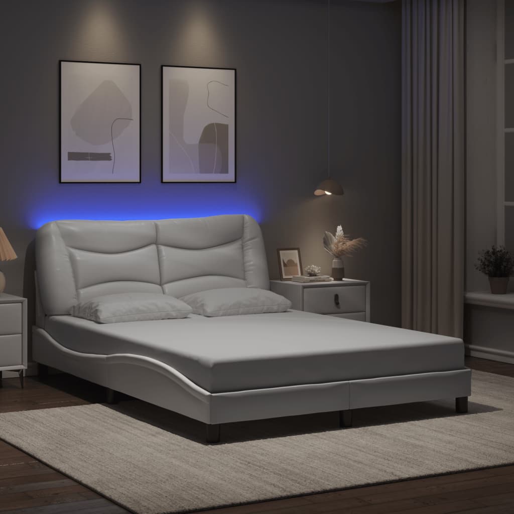 Vetonek Estructura cama con luces LED cuero sintético blanco 140x200 cm