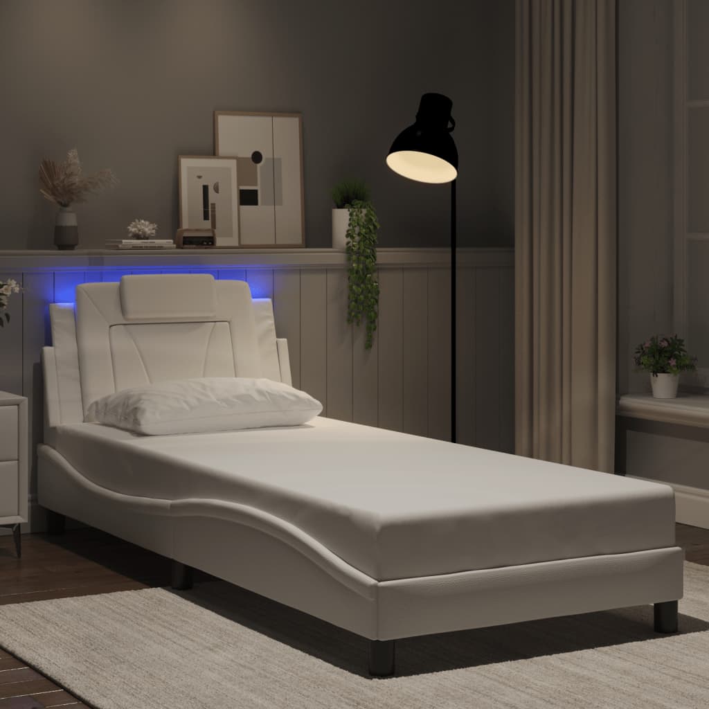 Vetonek Estructura cama con luces LED cuero sintético blanco 80x200 cm