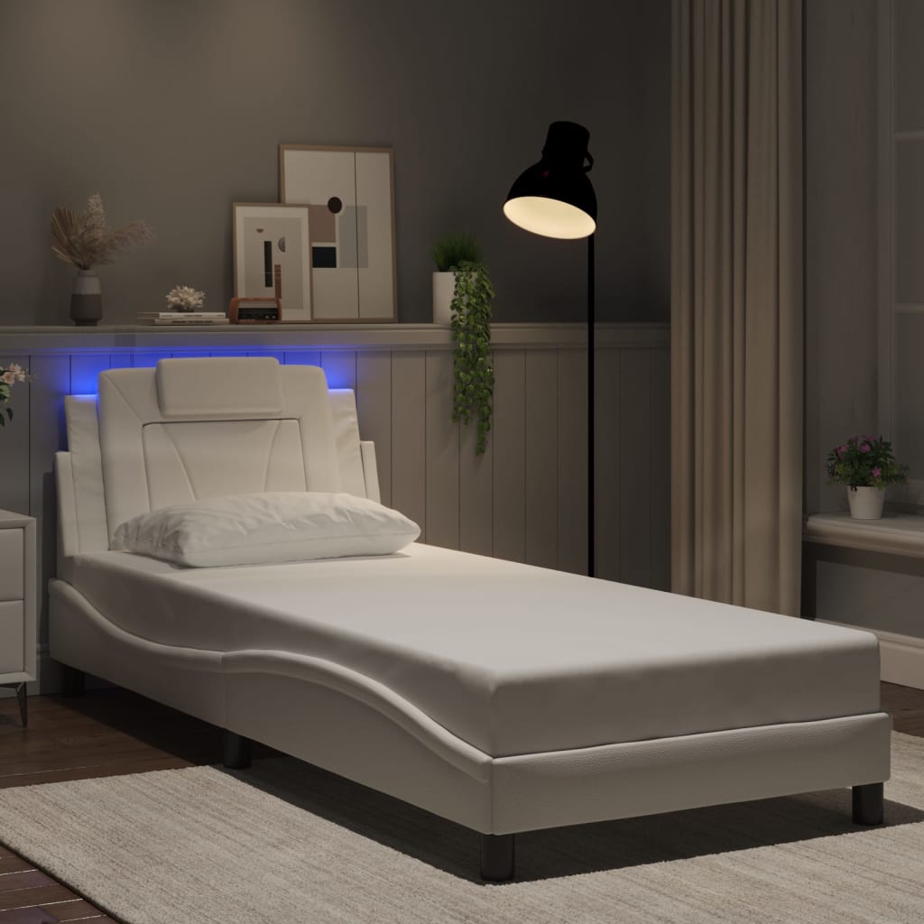 Vetonek Estructura cama con luces LED cuero sintético blanco 90x190 cm