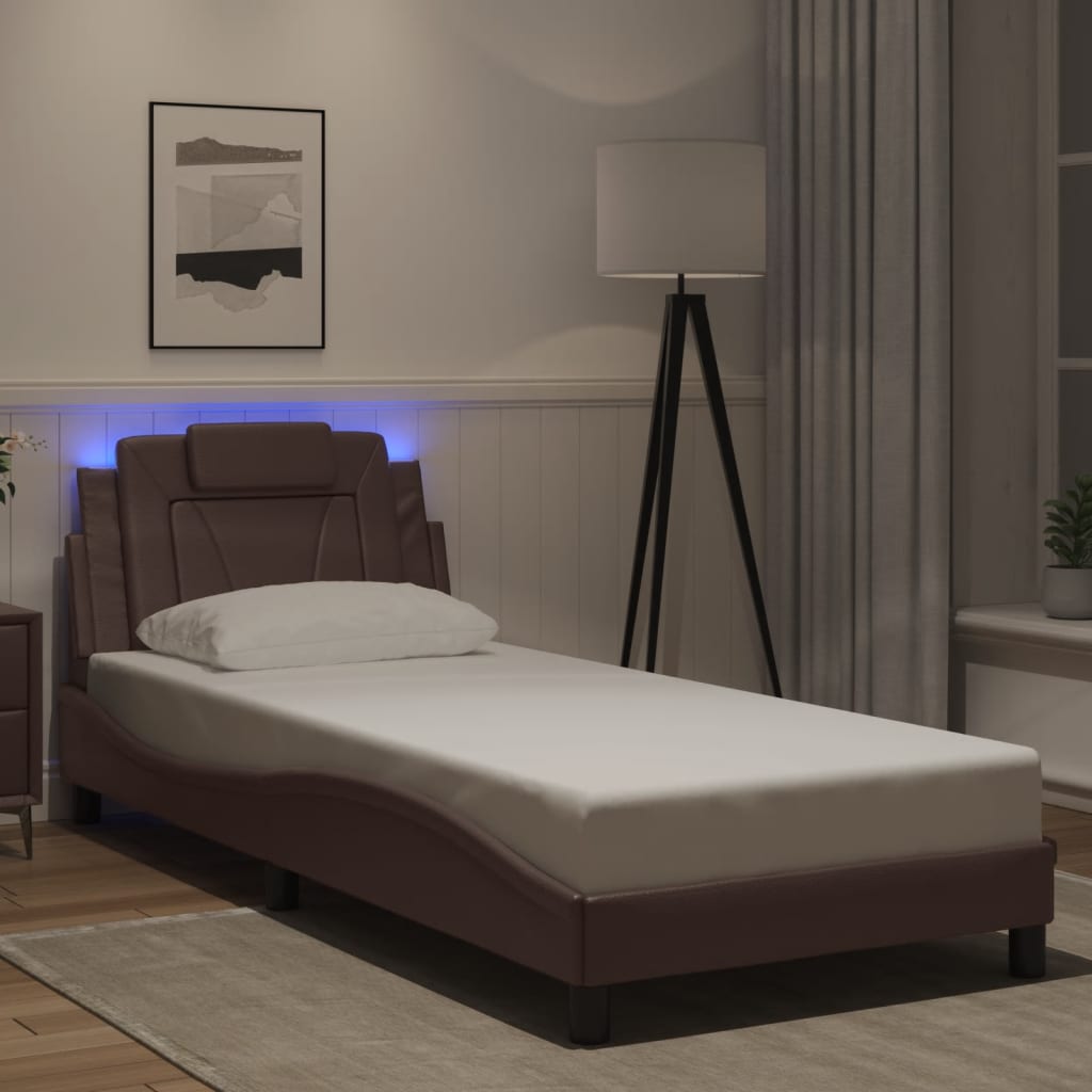 Vetonek Estructura cama con luces LED cuero sintético marrón 90x200 cm