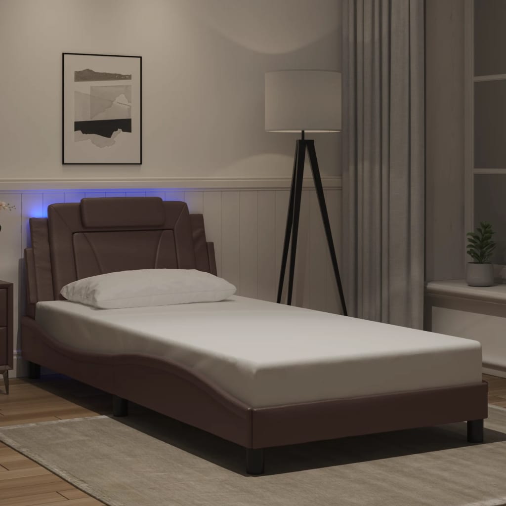 Vetonek Estructura cama con luces LED cuero sintético marrón 100x200 cm