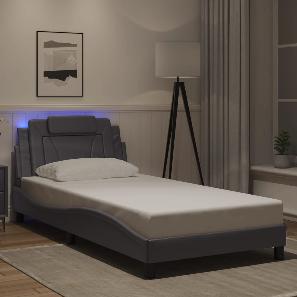 Vetonek Estructura cama con luces LED cuero sintético gris 100x200 cm