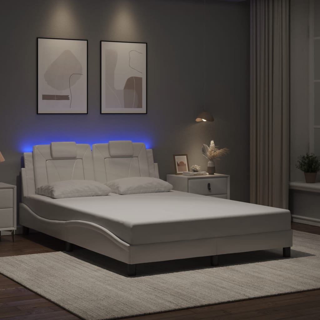 Vetonek Estructura cama con luces LED cuero sintético blanco 140x190 cm