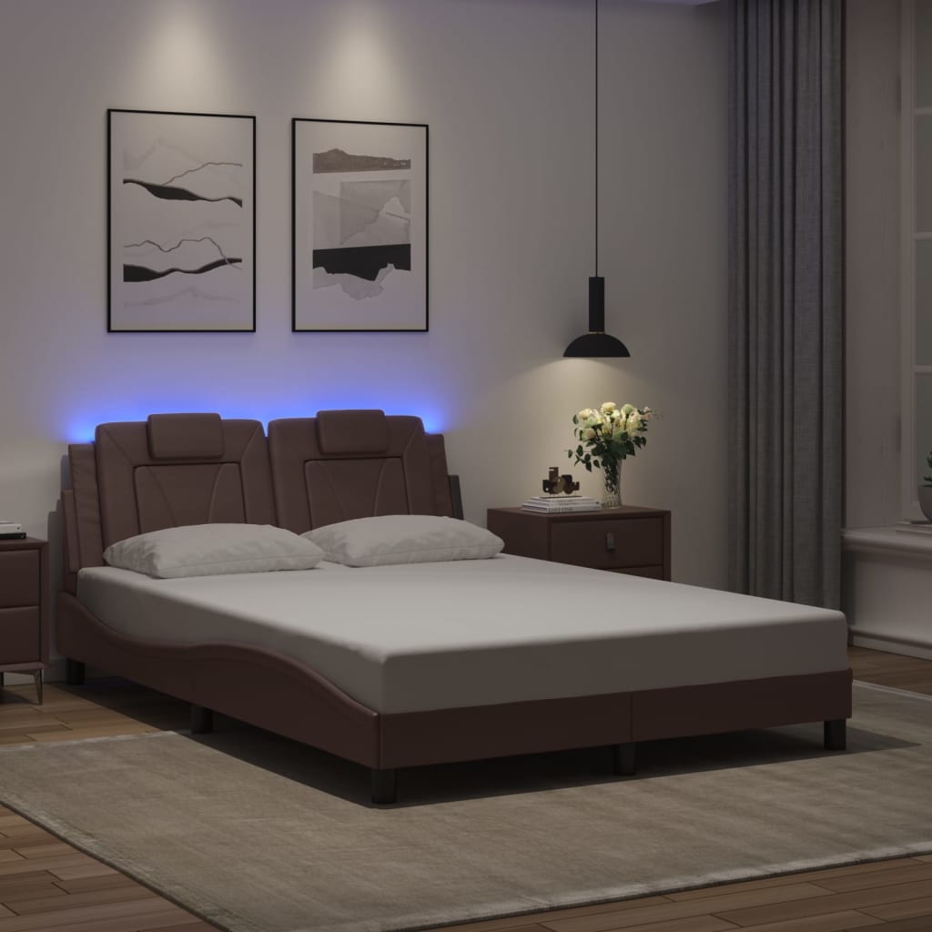 Vetonek Estructura cama con luces LED cuero sintético marrón 140x190 cm