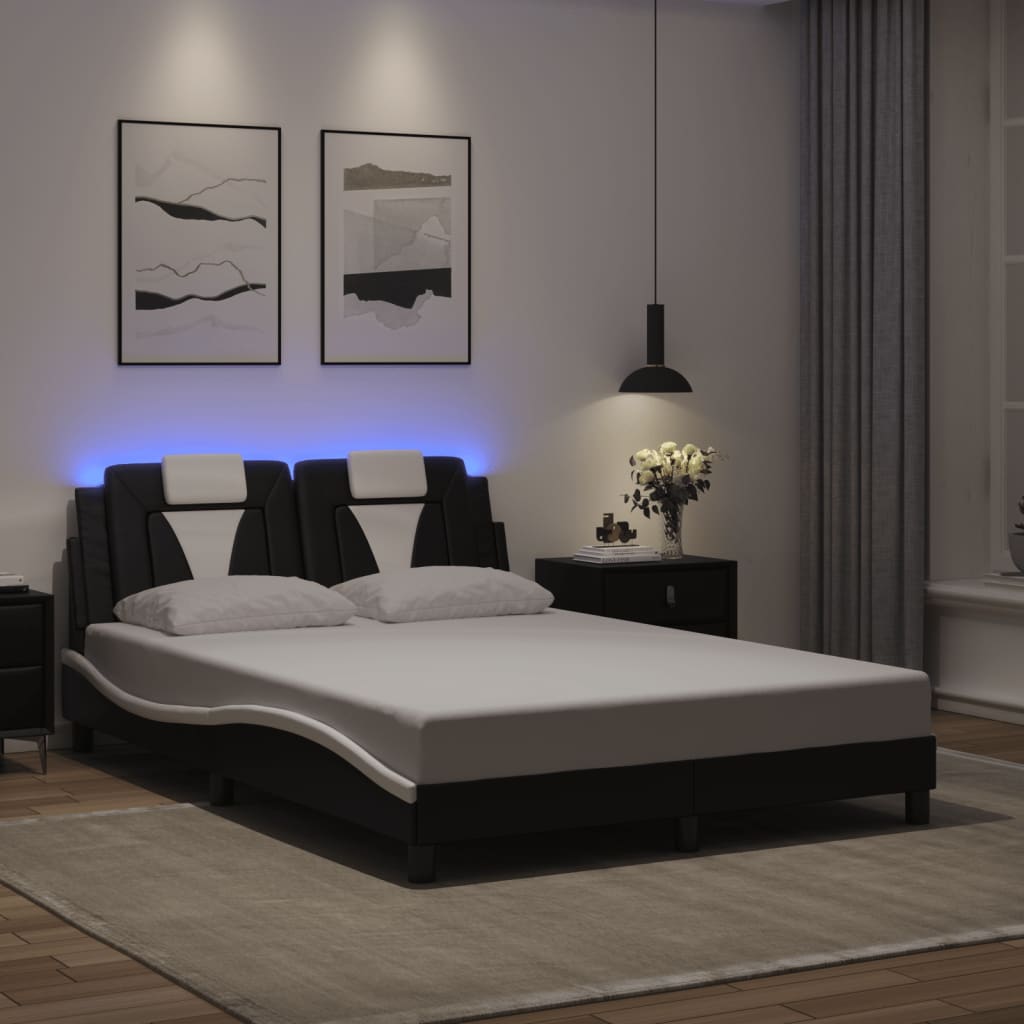 Vetonek Estructura de cama luces LED cuero PE negro y blanco 140x190 cm