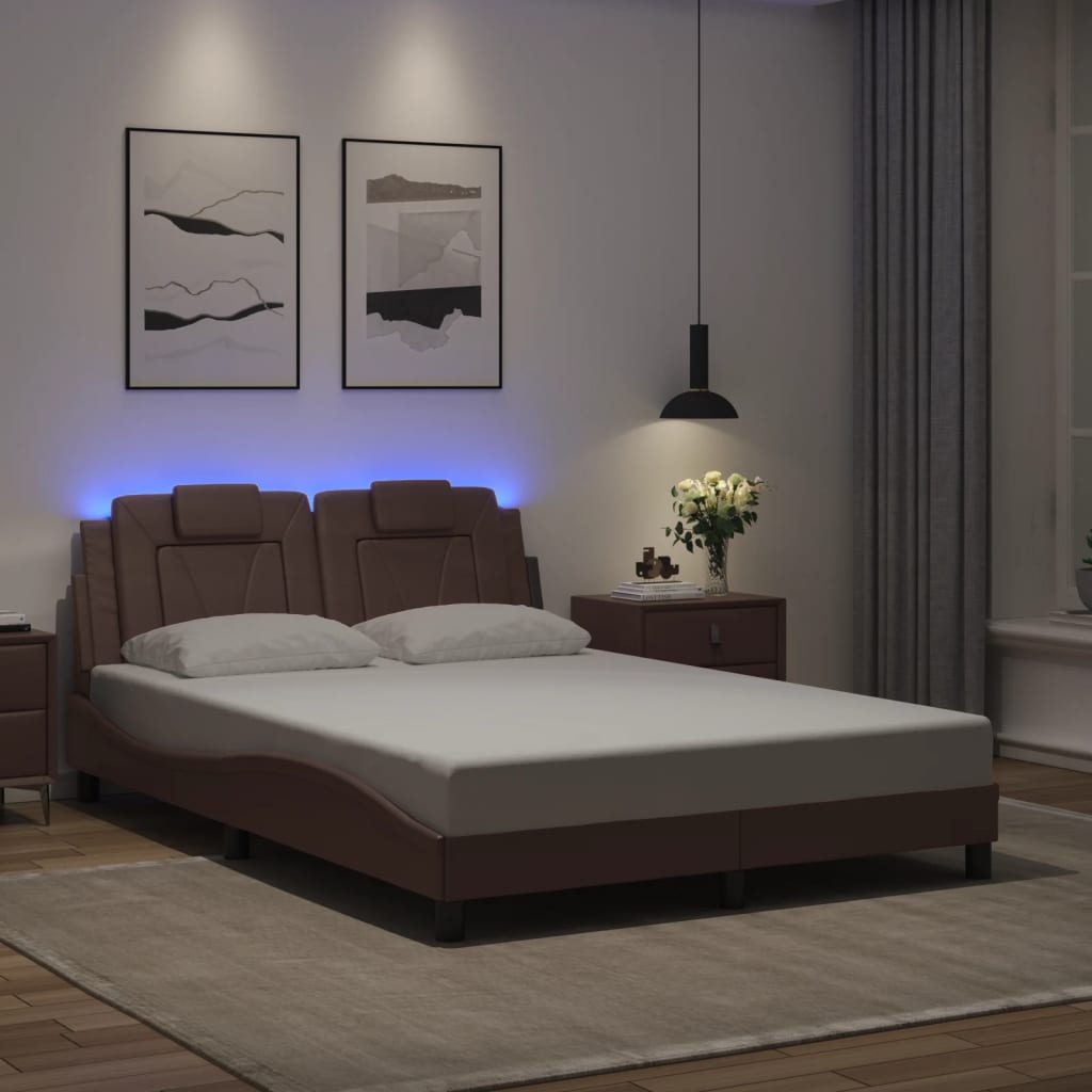 Vetonek Estructura cama con luces LED cuero sintético marrón 140x200 cm