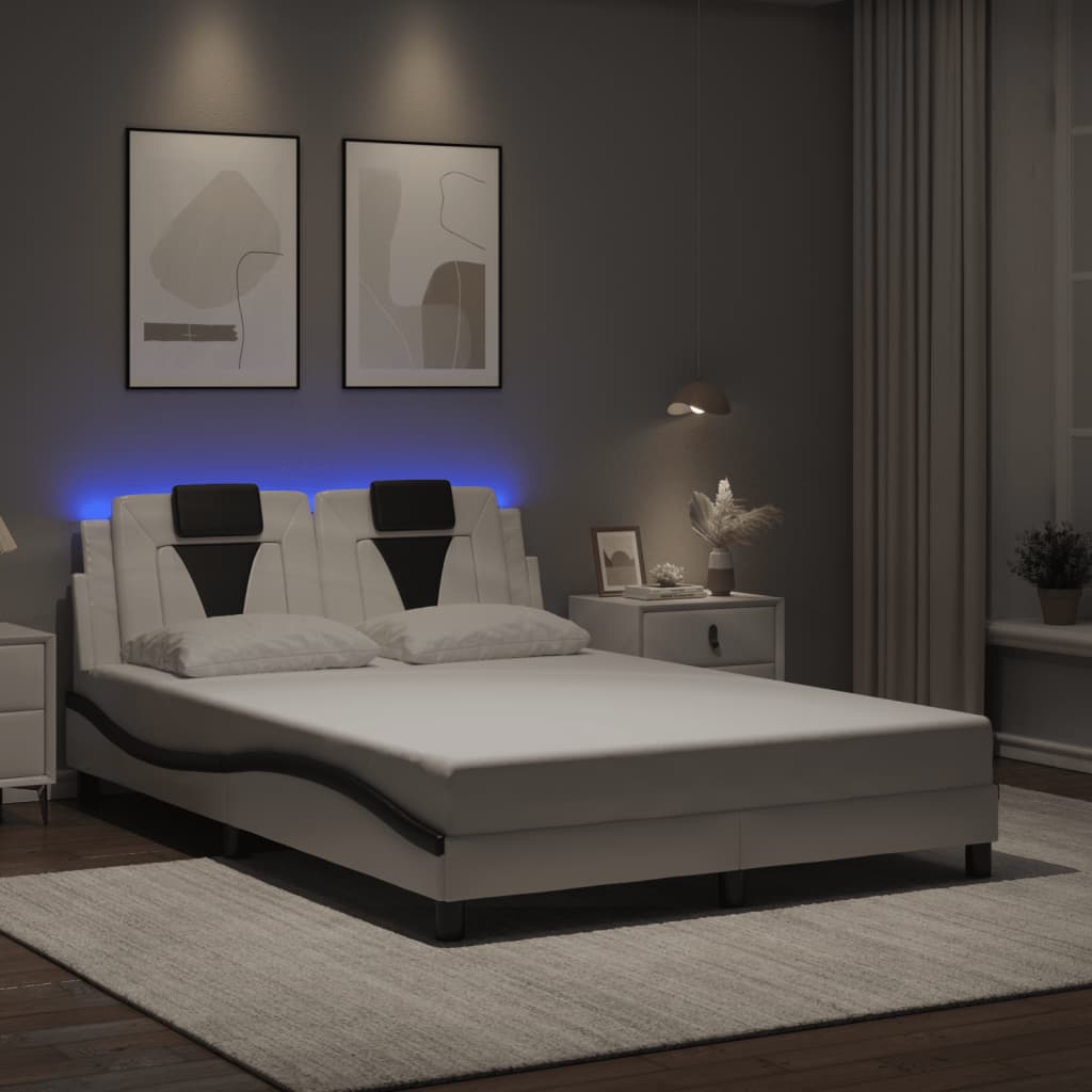 Vetonek Estructura cama con LED cuero sintético blanco negro 140x200 cm