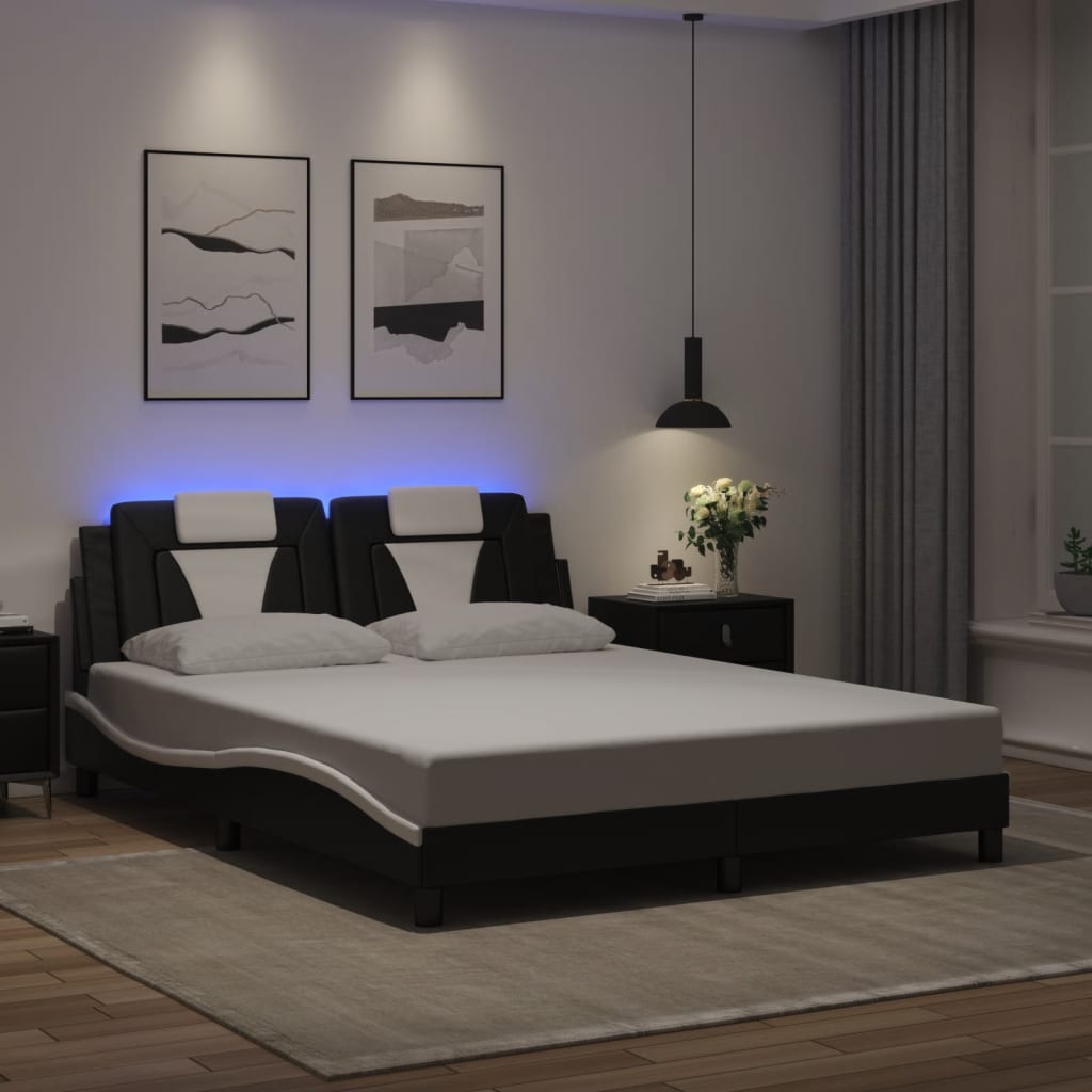 Vetonek Estructura cama con luces LED cuero PE negro blanco 160x200 cm