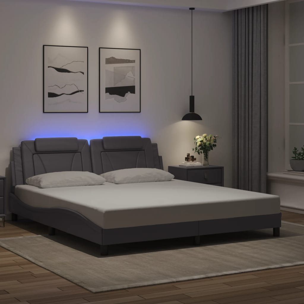 Vetonek Estructura cama con luces LED cuero sintético gris 180x200 cm