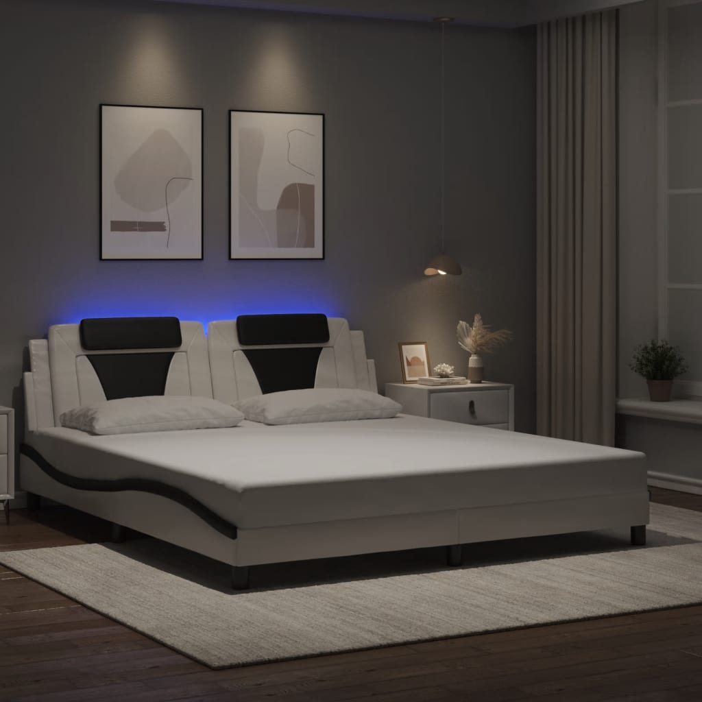 Vetonek Estructura cama con luces LED cuero PE blanco negro 180x200 cm