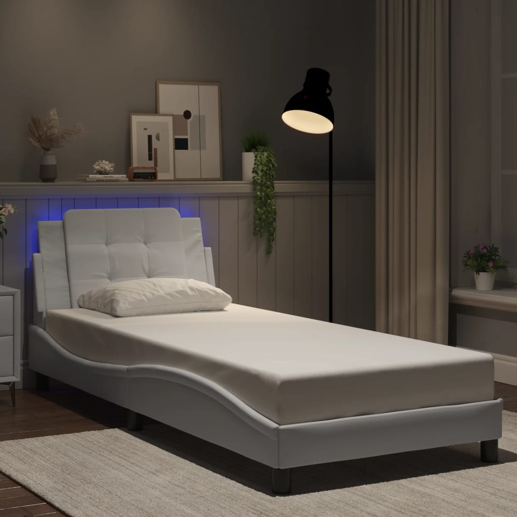 Vetonek Estructura cama con luces LED cuero sintético blanco 80x200 cm