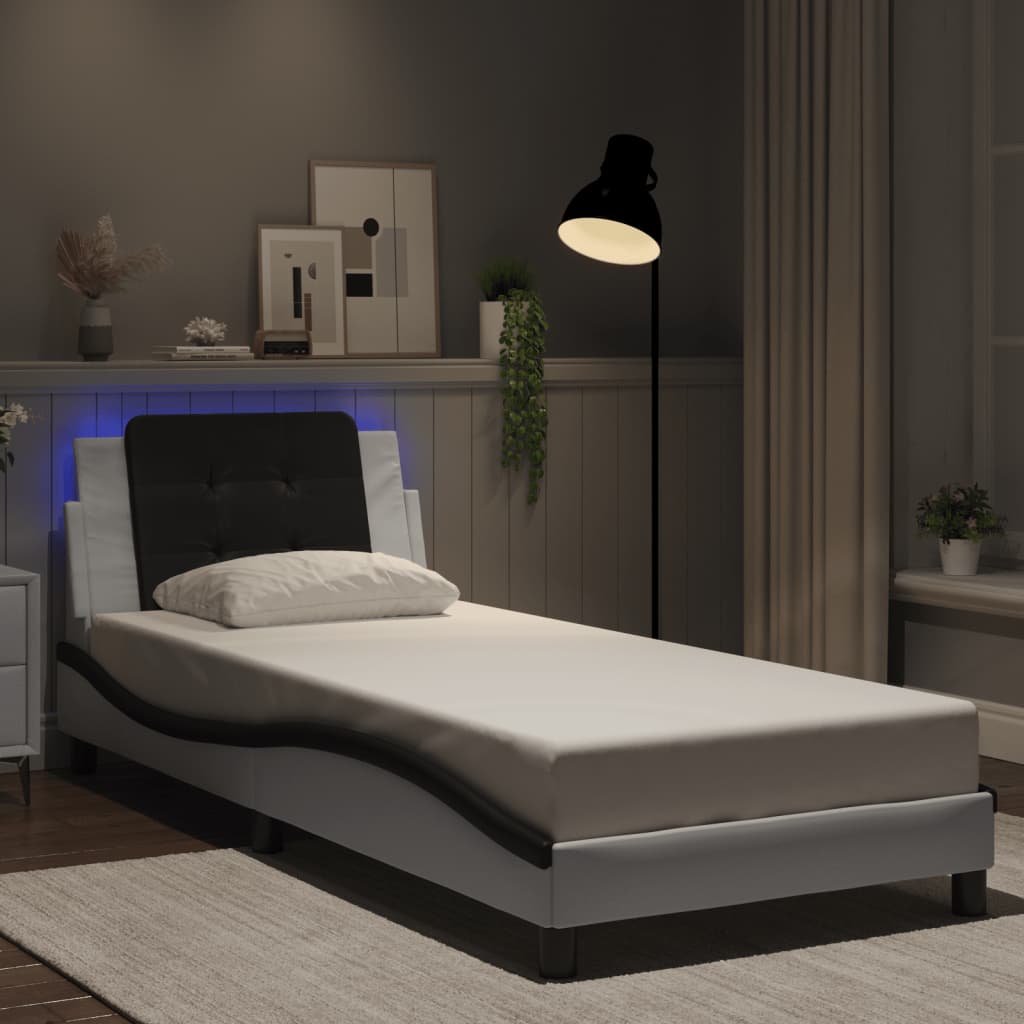 Vetonek Estructura cama con LED cuero sintético blanco negro 80x200 cm