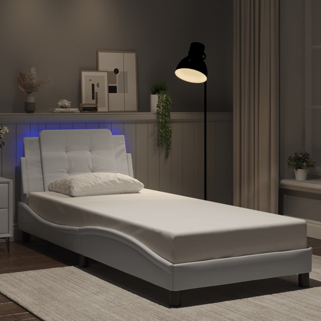 Vetonek Estructura cama con luces LED cuero sintético blanco 90x190 cm