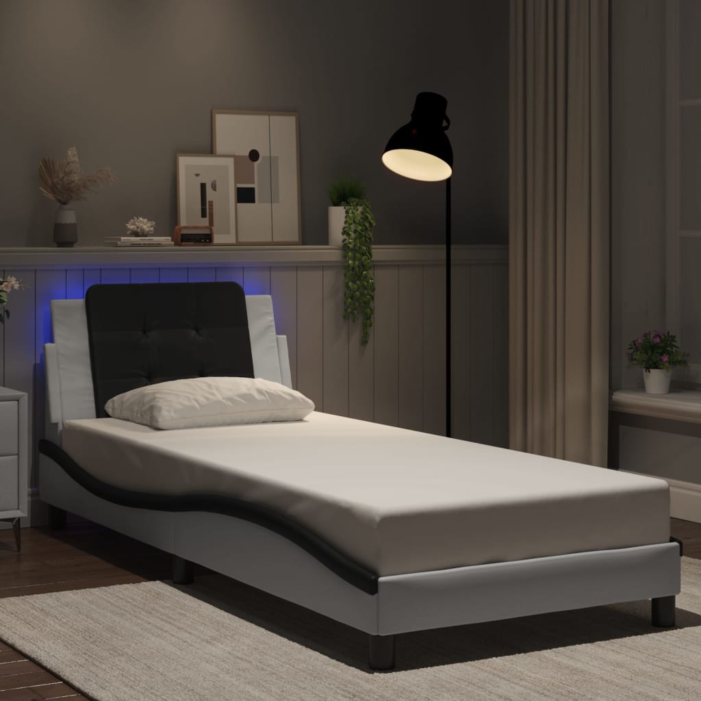 Vetonek Estructura cama con LED cuero sintético blanco y negro 90x190cm