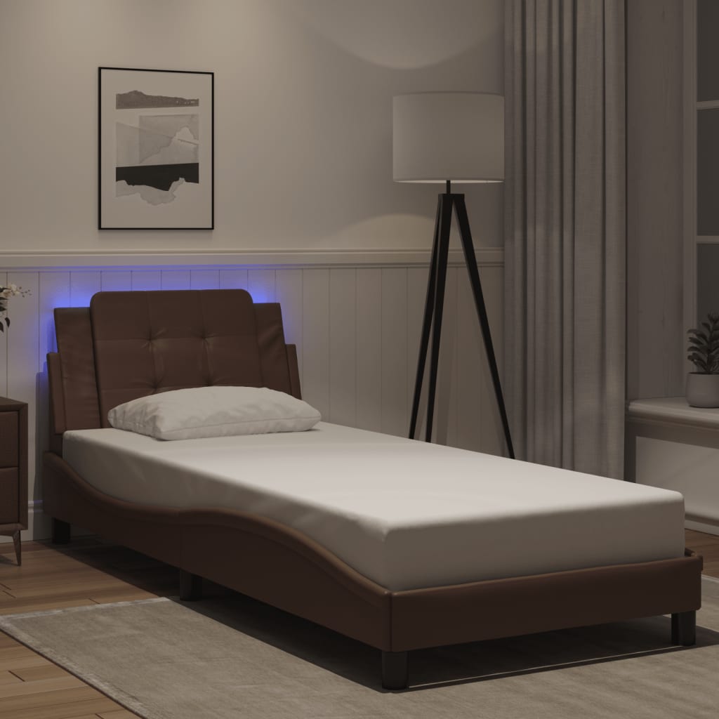 Vetonek Estructura cama con luces LED cuero sintético marrón 100x200 cm