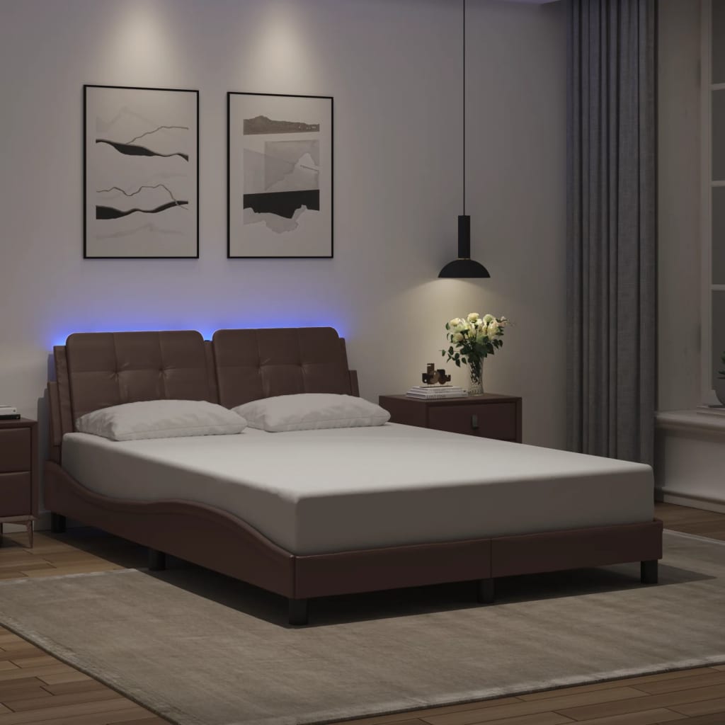 Vetonek Estructura cama con luces LED cuero sintético marrón 140x190 cm