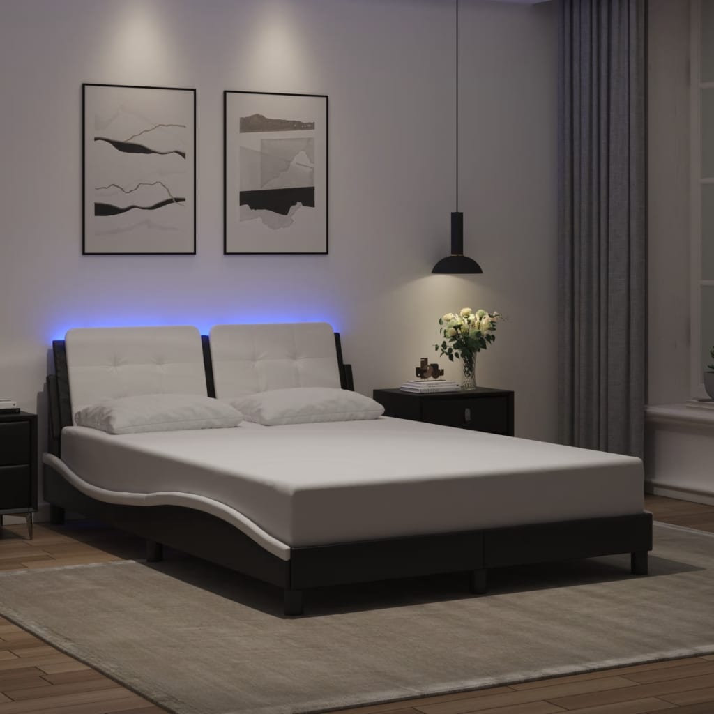 Vetonek Estructura de cama luces LED cuero PE negro y blanco 140x190 cm