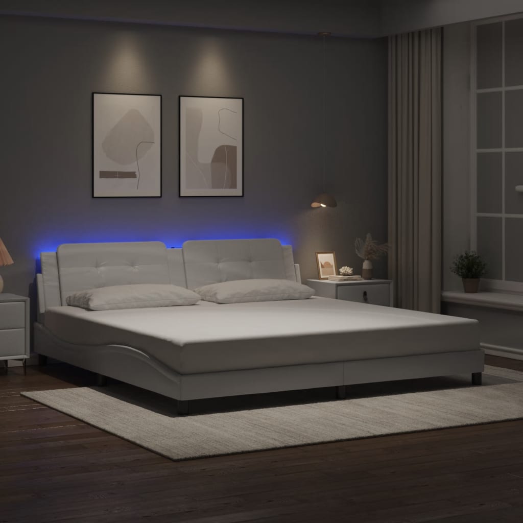 Vetonek Estructura cama con luces LED cuero sintético blanco 200x200 cm