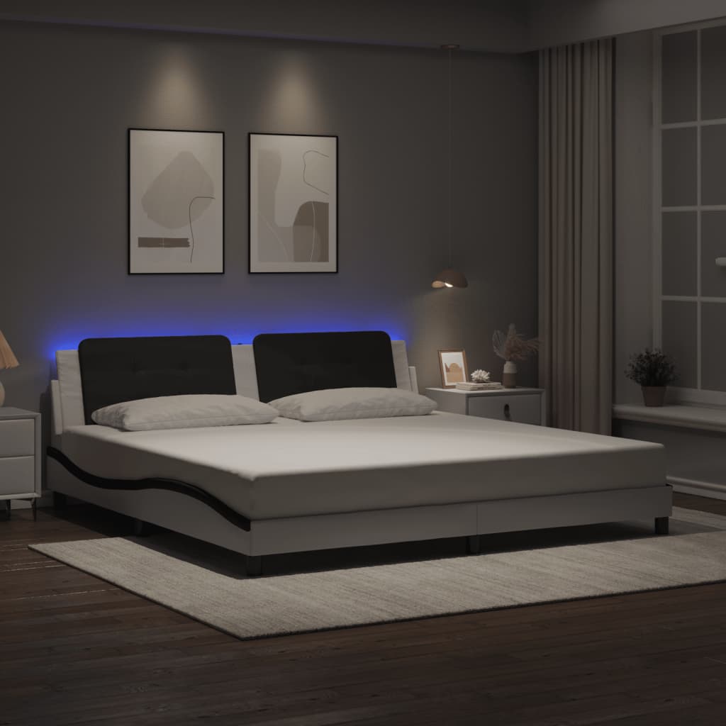 Vetonek Estructura cama con LED cuero sintético blanco negro 200x200 cm