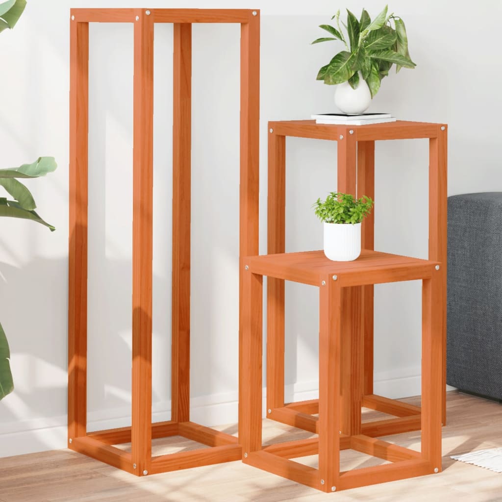 Vetonek Soportes para plantas 3 piezas madera maciza pino marrón cera