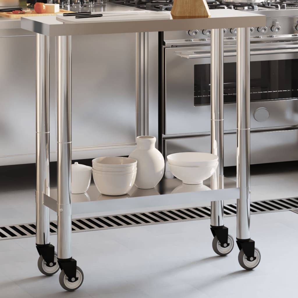 Vetonek Mesa de trabajo de cocina con ruedas acero inox 82,5x30x85 cm