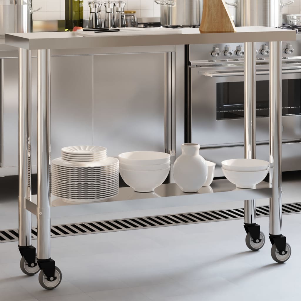 Vetonek Mesa de trabajo de cocina con ruedas acero inox 110x30x85 cm