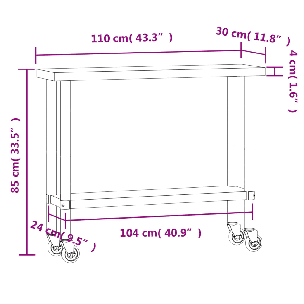 Table de travail de cuisine avec acier inoxydable 110x30x85 cm