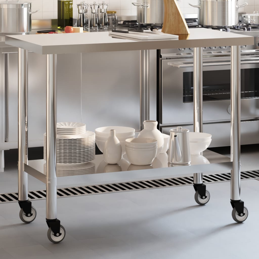 Vetonek Mesa de trabajo de cocina con ruedas acero inox 110x55x85 cm