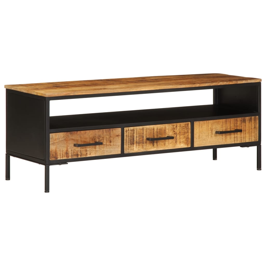 Mueble de TV industrial de madera maciza de mango y metal negro, 110x35x40 cm, con tres cajones y estante abierto.