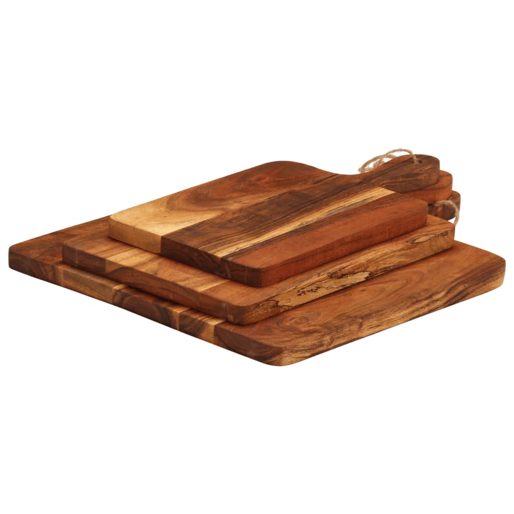 Set de 3 tablas de cortar de madera maciza de acacia, diseño elegante y versátil para cocinar y servir.