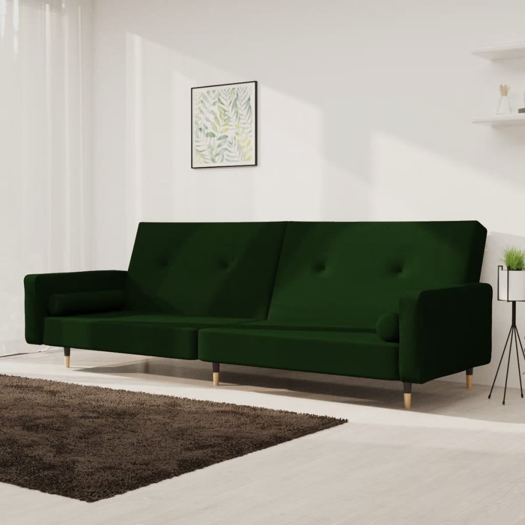 Vetonek Sofá cama de 2 plazas con dos almohadas terciopelo verde oscuro