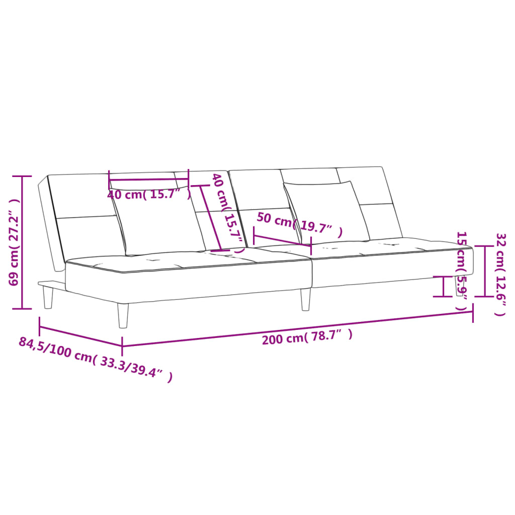 2 -Seter -Bettsofa mit zwei dunkelgrauen Kissen