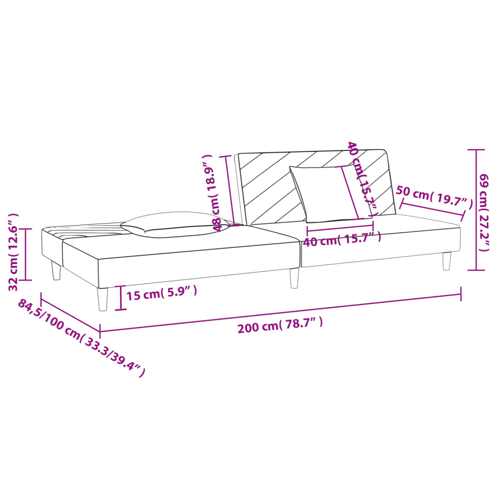 2 -Seter -Bettsofa mit zwei dunkelgrauen Kissen