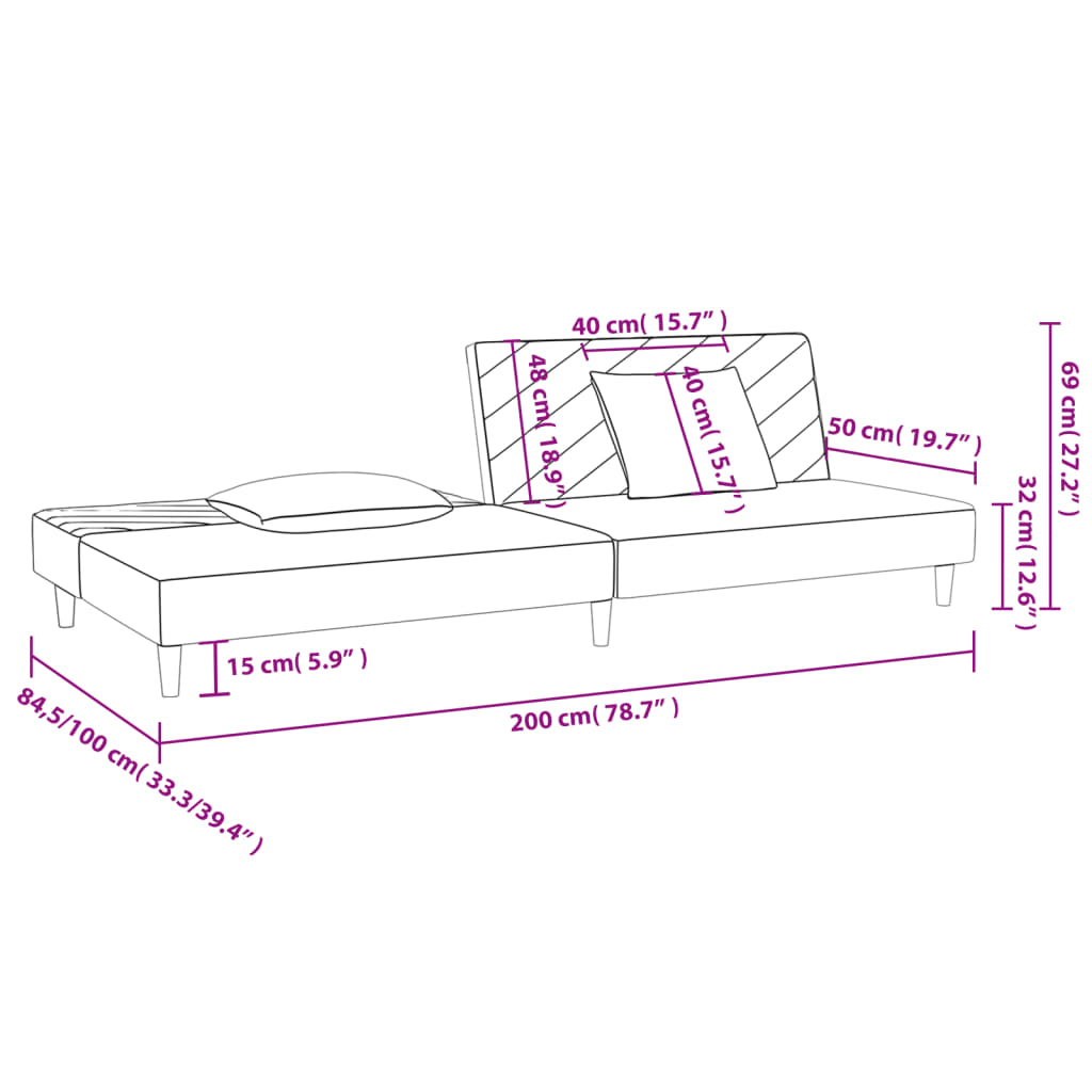 2 -seat bed sofa with two light gray velvet pillows